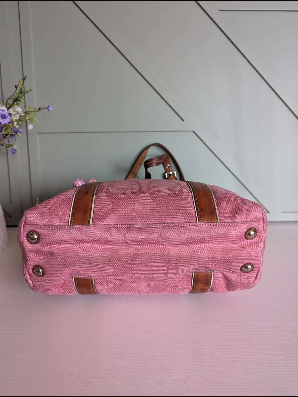 Coach Pink Canvas Tote with Brown Leather Trim